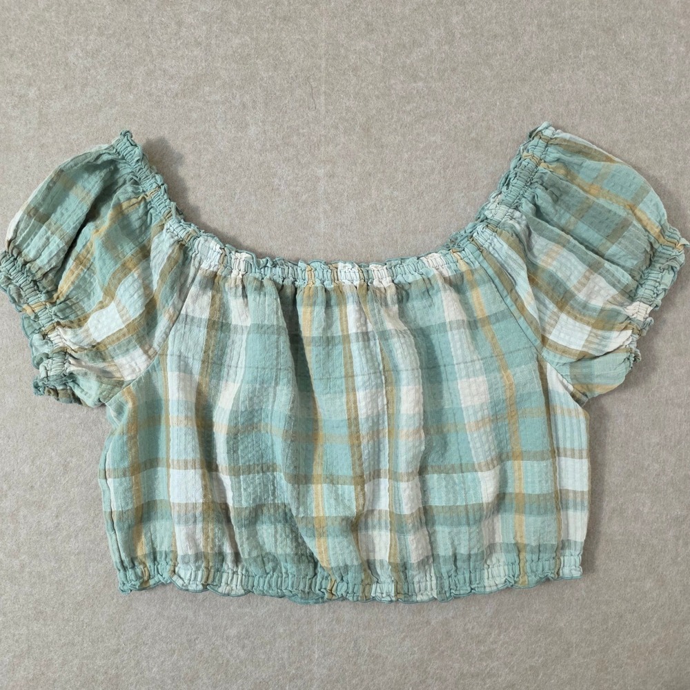 American Eagle Plaid Puff Sleeve Top Sz XL Off Shoulder Cottage Milkmaid Crop